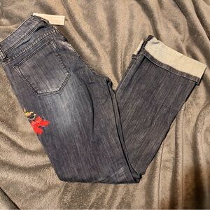 Grace Dark Blue Boyfriend Jeans with Red Roses Embroidery